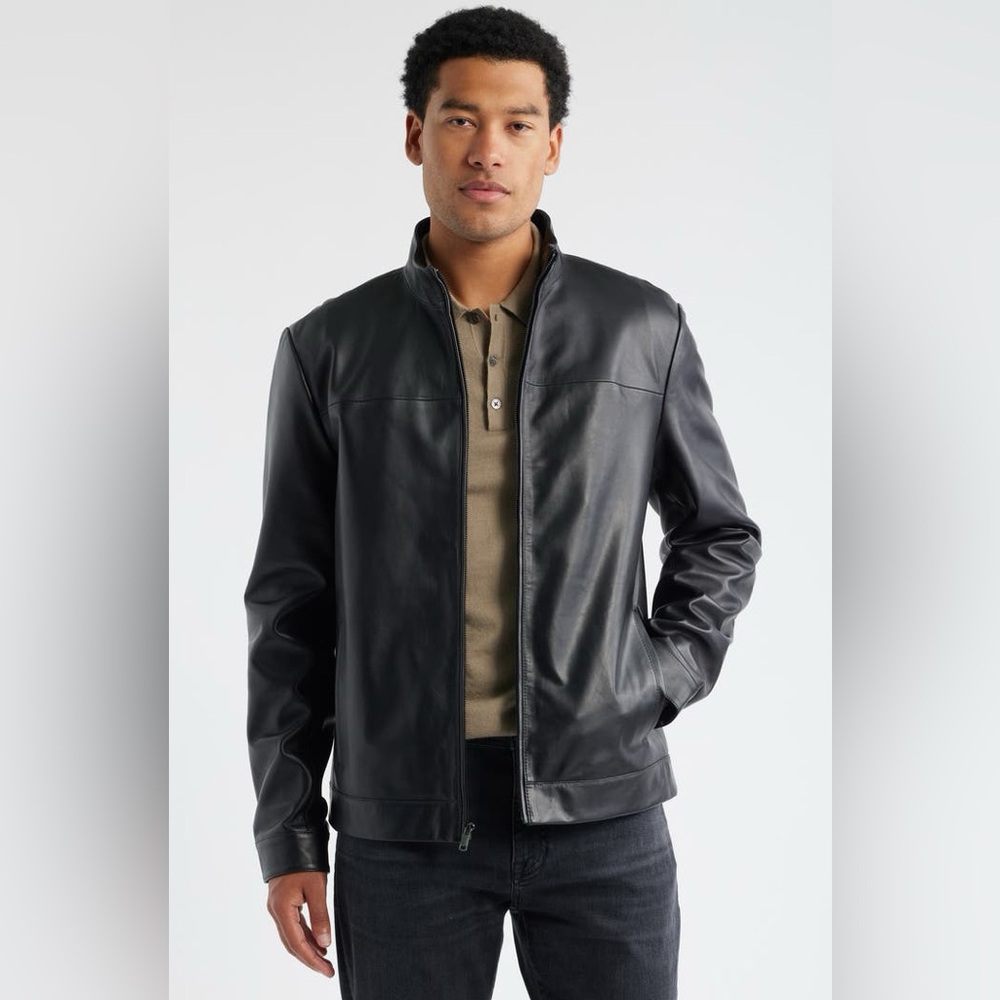 Nordstrom Stand Collar Leather Bomber Jacket Black XL